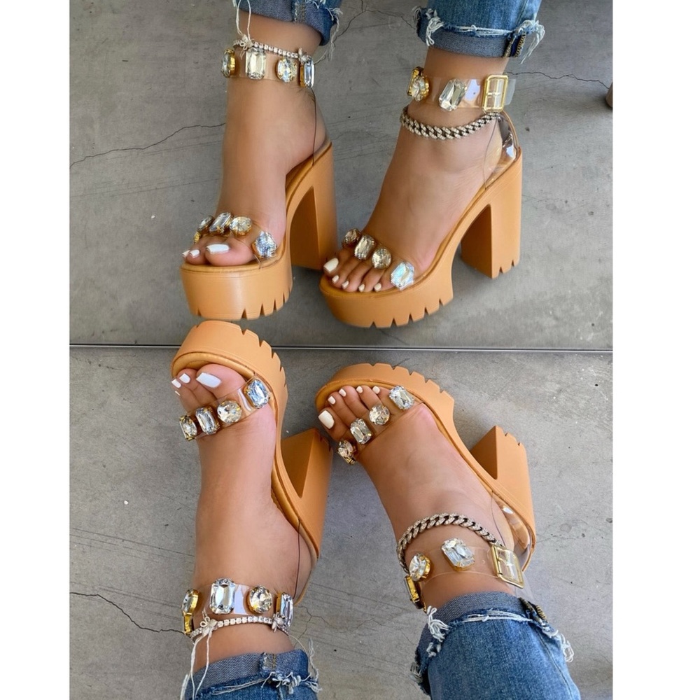 Platform Gem-Embellished Block Heel Sandals in Tan